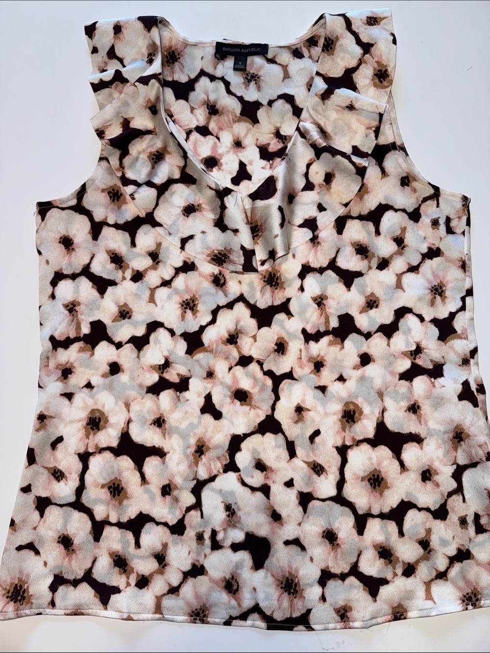 Banana Republic Cream and Brown Floral Ruffle Neck Blouse Camisole